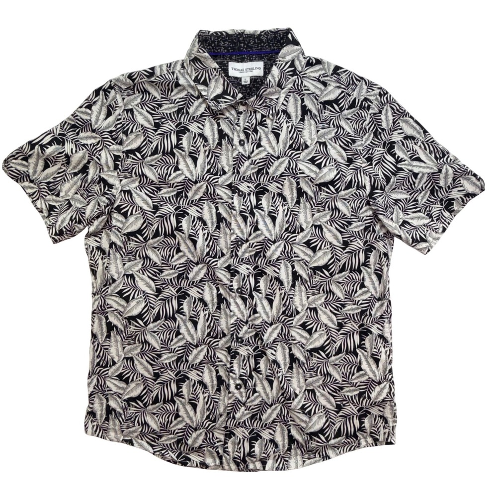 Thomas Sterling Mens Large Black White Tropical Leaf Print Button Down Shirt L